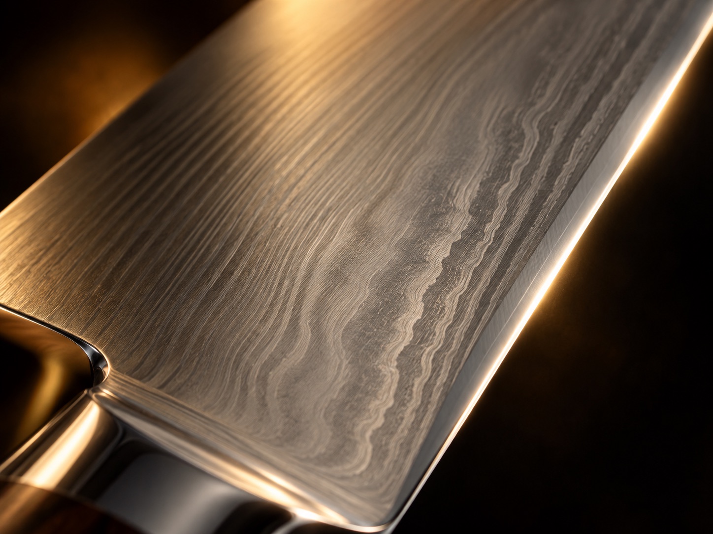 A close-up of the GINSEI Damascus blade and mirror edge